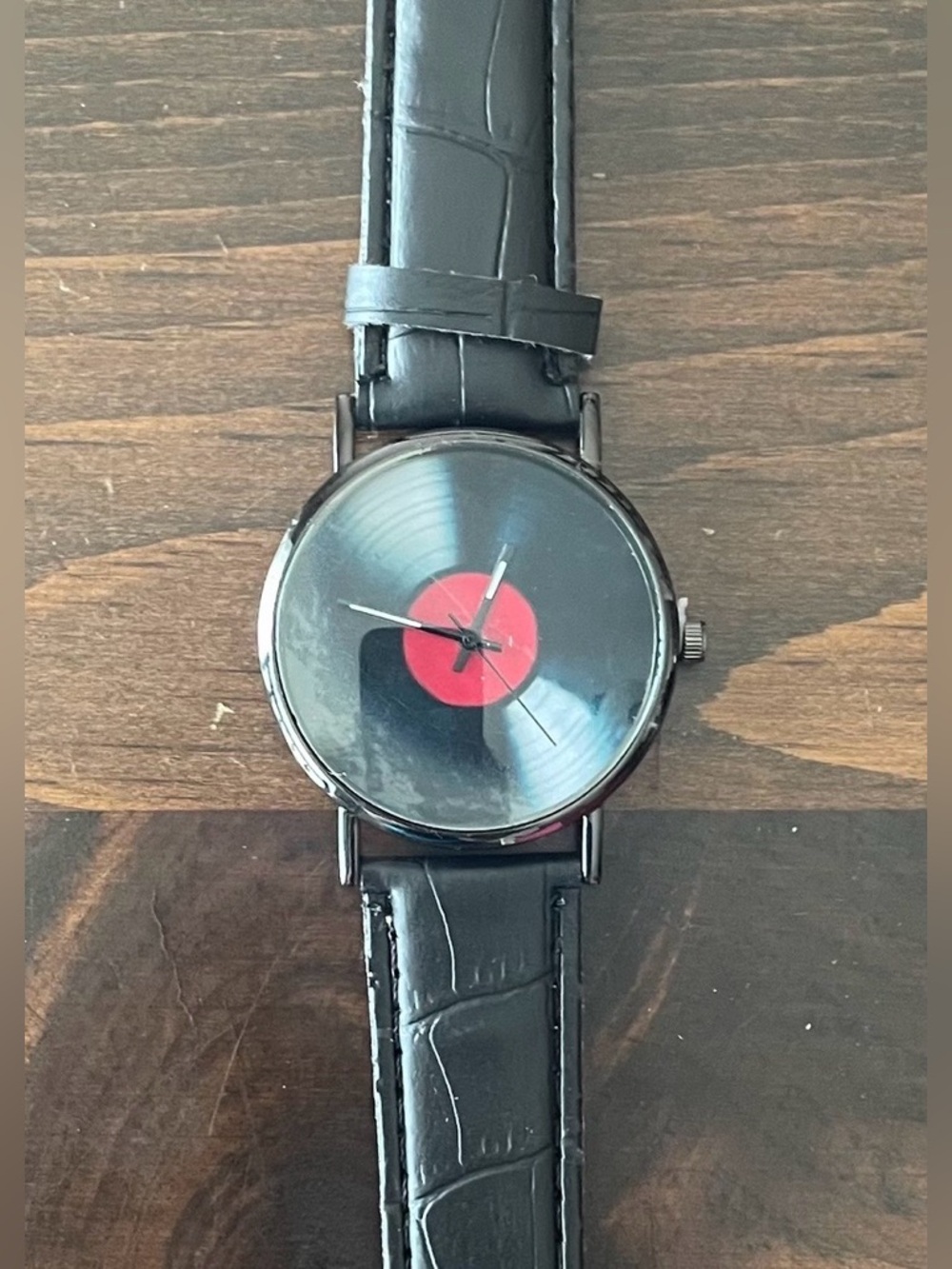 Vinyl Record Analog Quartz Wristwatch w/ Black Faux Leather Strap (Unisex) - NEW